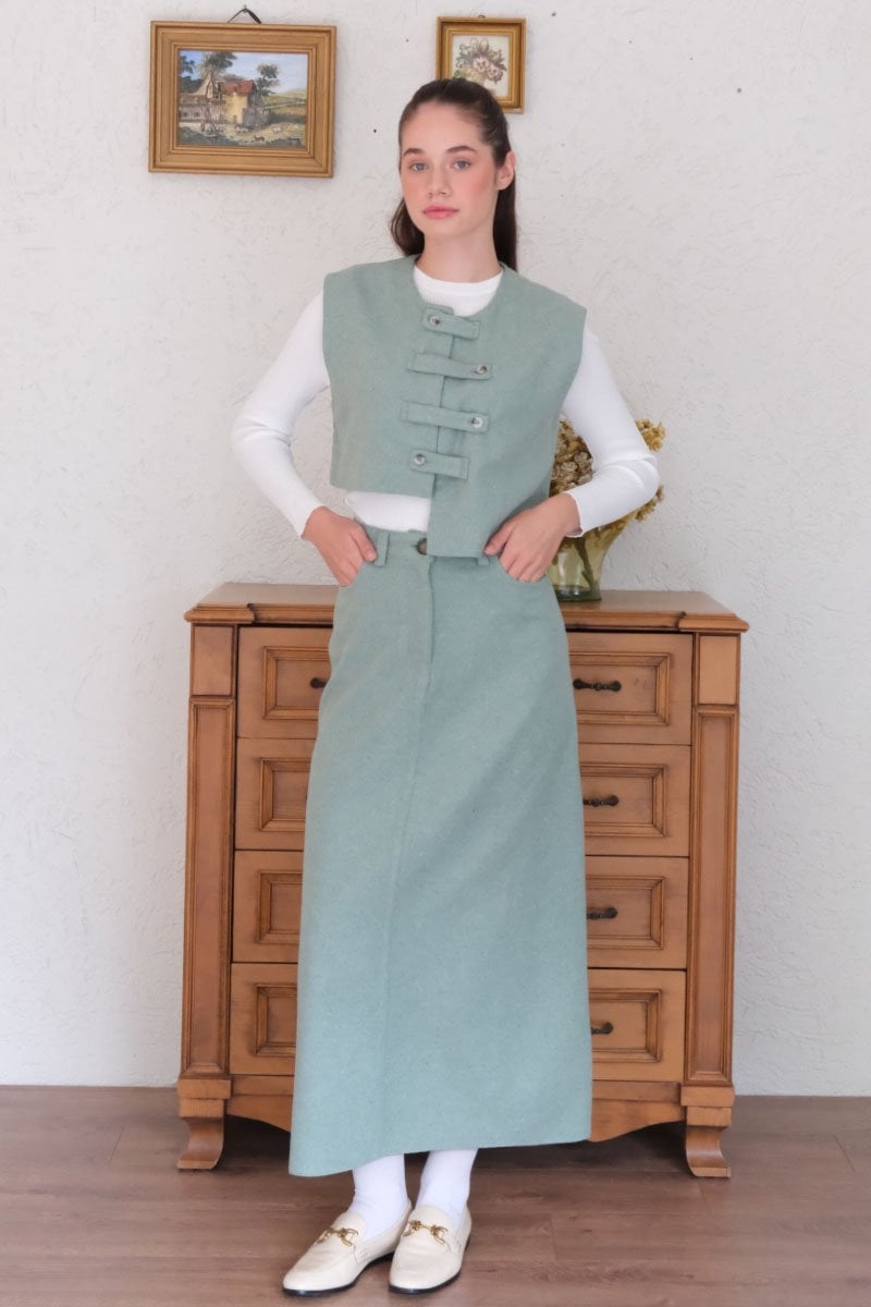 Mint Yeşili Çapraz Düğmeli Vintage Yelek