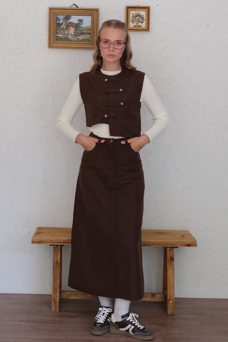 Acı Kahve Çapraz Düğmeli Vintage Yelek
