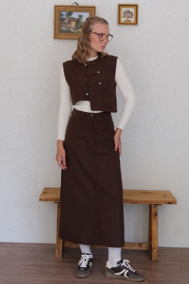 Acı Kahve Çapraz Düğmeli Vintage Yelek