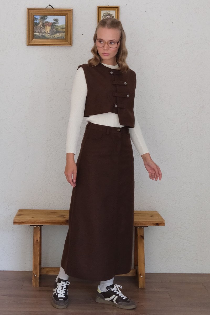 Acı Kahve Çapraz Düğmeli Vintage Yelek