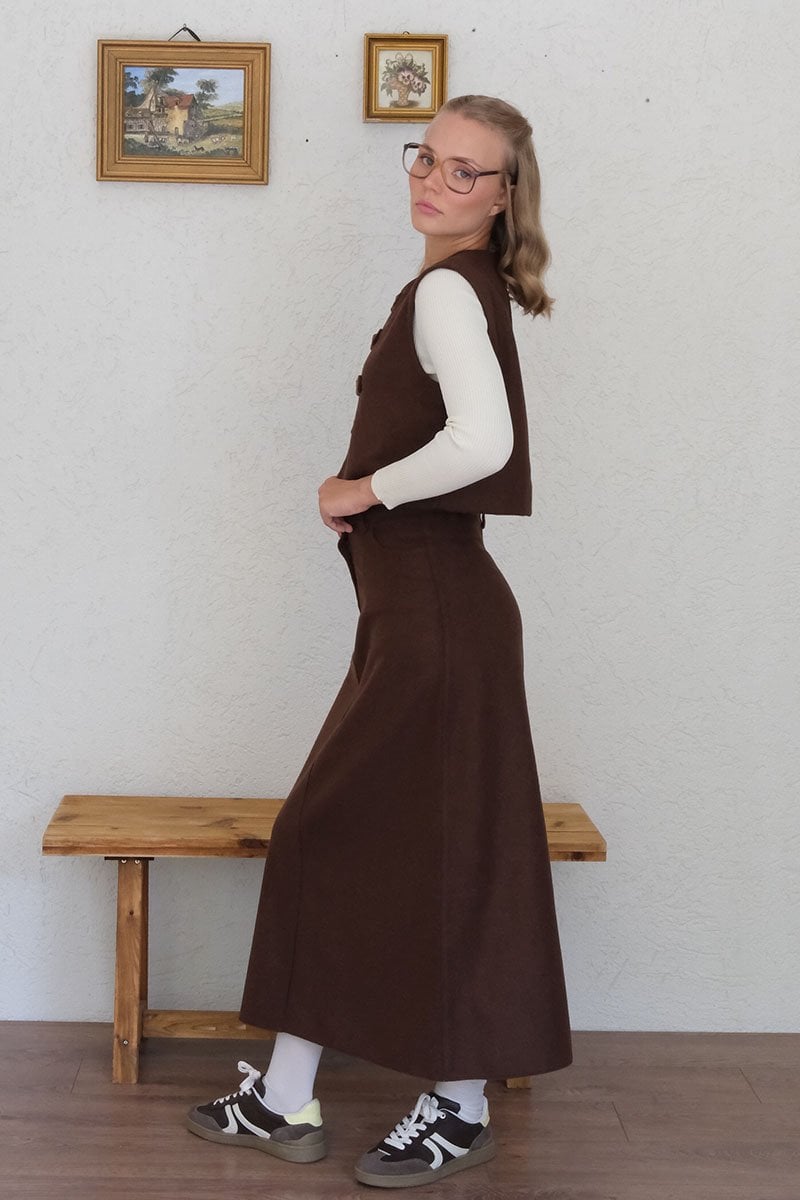 Acı Kahve Çapraz Düğmeli Vintage Yelek