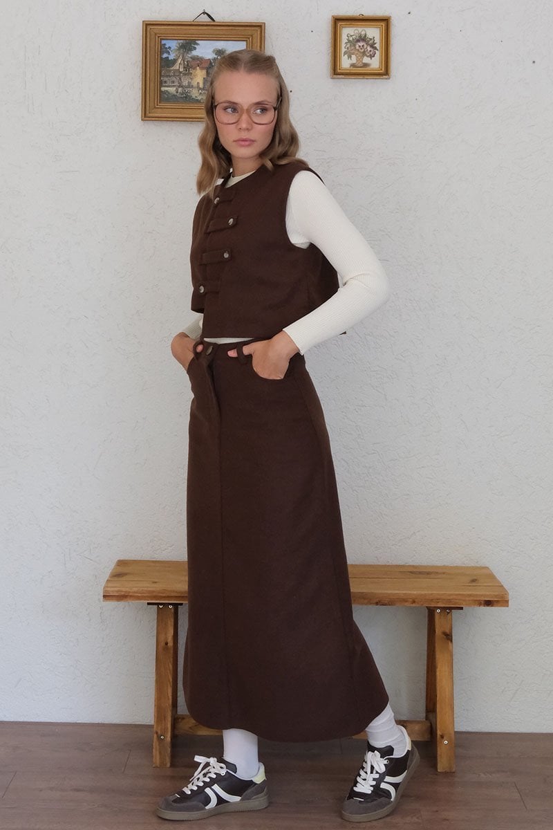 Acı Kahve Çapraz Düğmeli Vintage Yelek