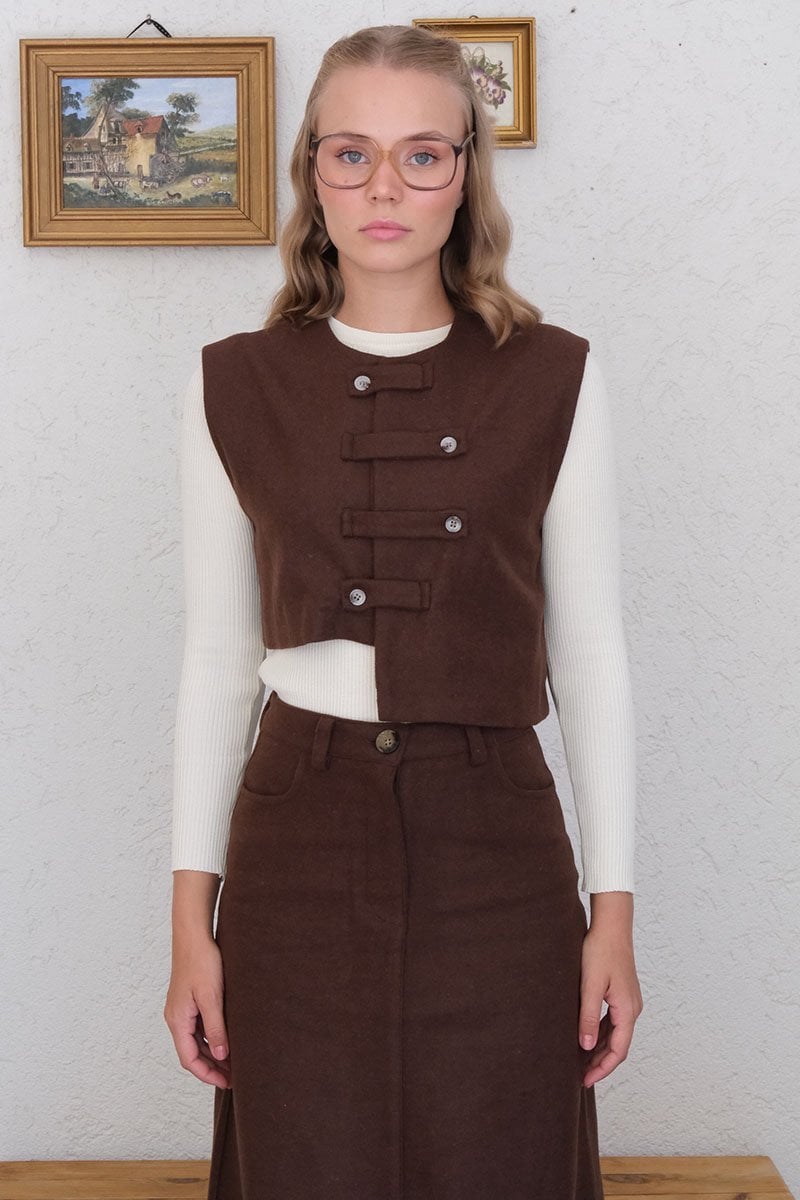 Acı Kahve Çapraz Düğmeli Vintage Yelek