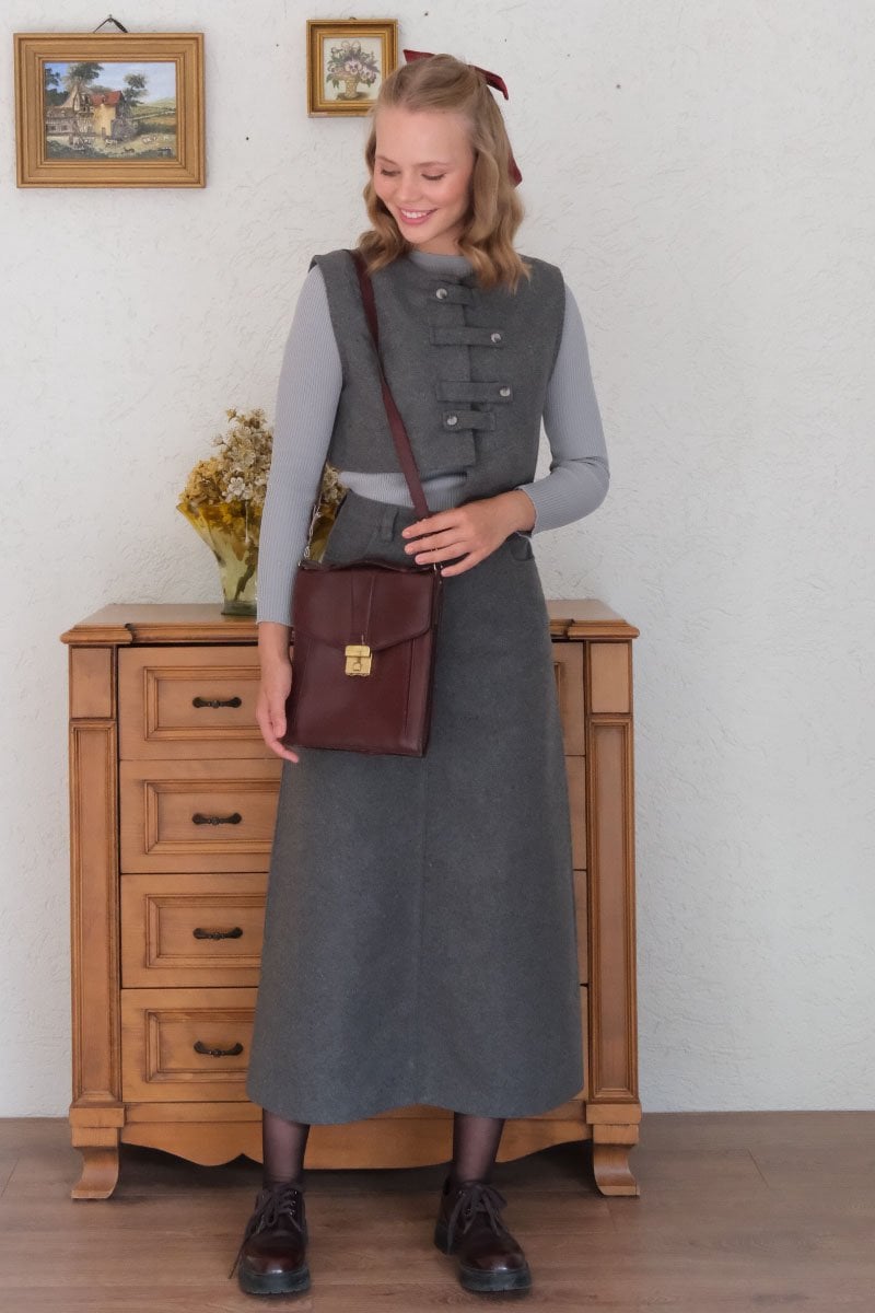 Antrasit Kaşe Çapraz Düğmeli Vintage Yelek