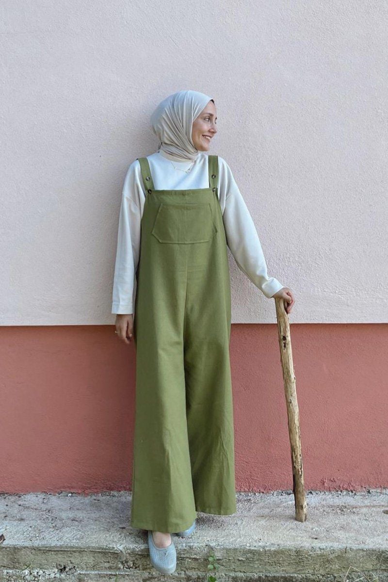 Anne - Çocuk Yağ Yeşili Duck Keten Salopet Tulum & Anne - Çocuk Ekru Body
