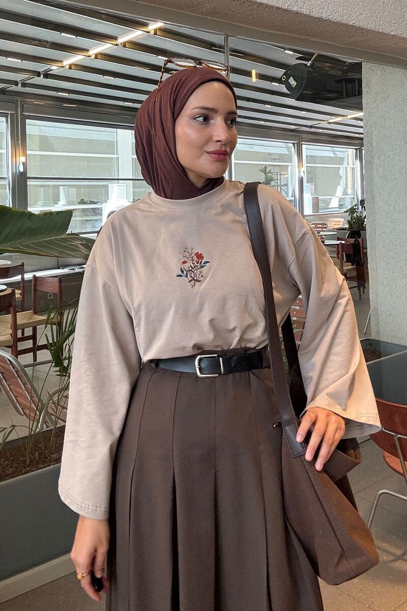 Taş Nakışlı Body & Acı Kahve Poliviskon Kolej Etek Takım