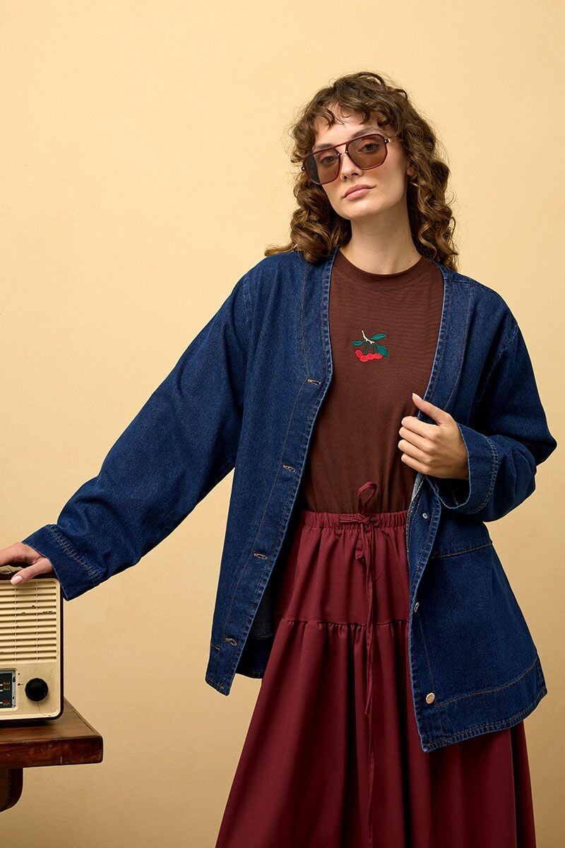 Kot Blazer Ceket & Bordo Fırfır Detay Poliviskon Etek Takım