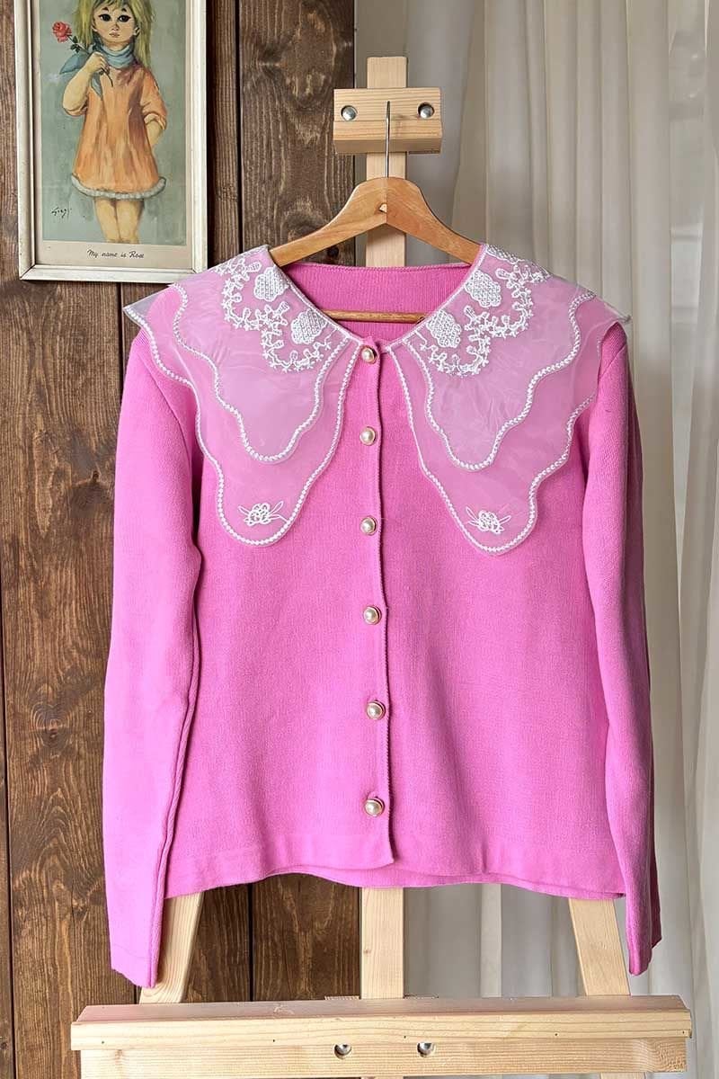 Dantel Yakalı Pembe Triko Hırka