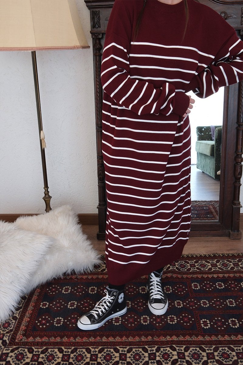 Bordo Çizgili Triko Elbise