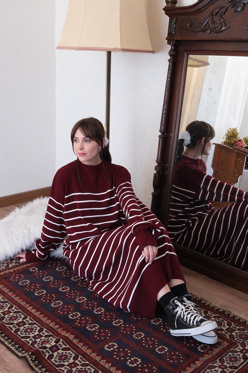 Bordo Çizgili Triko Elbise