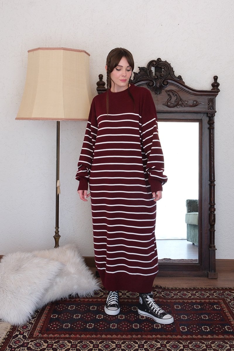 Bordo Çizgili Triko Elbise