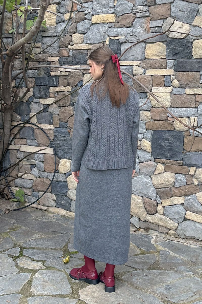 Antrasit Süveterli Takım Triko Elbise