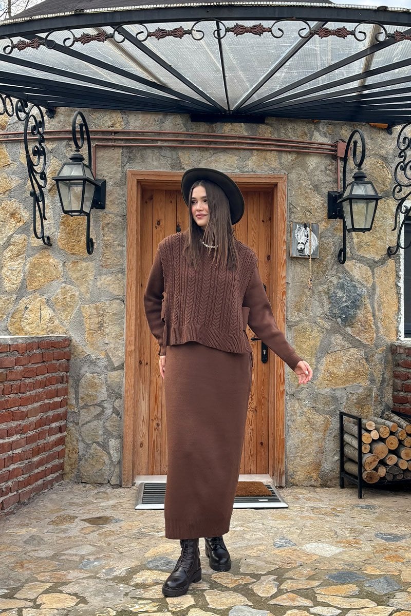 Acı Kahve Süveterli Takım Triko Elbise
