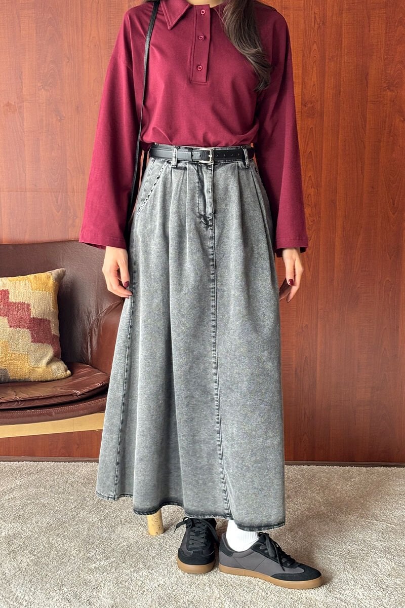 Bordo Süprem Polo Yaka Body & Antrasit Kot Tek Düğmeli Etek Takım