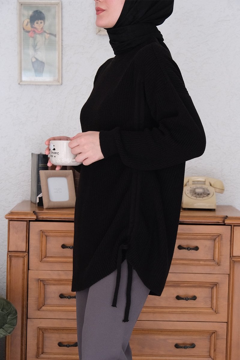 Siyah Bağcıklı Triko Tunik