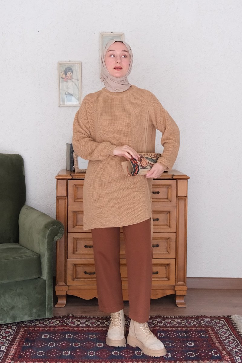 Sütlü Kahve Bağcıklı Triko Tunik