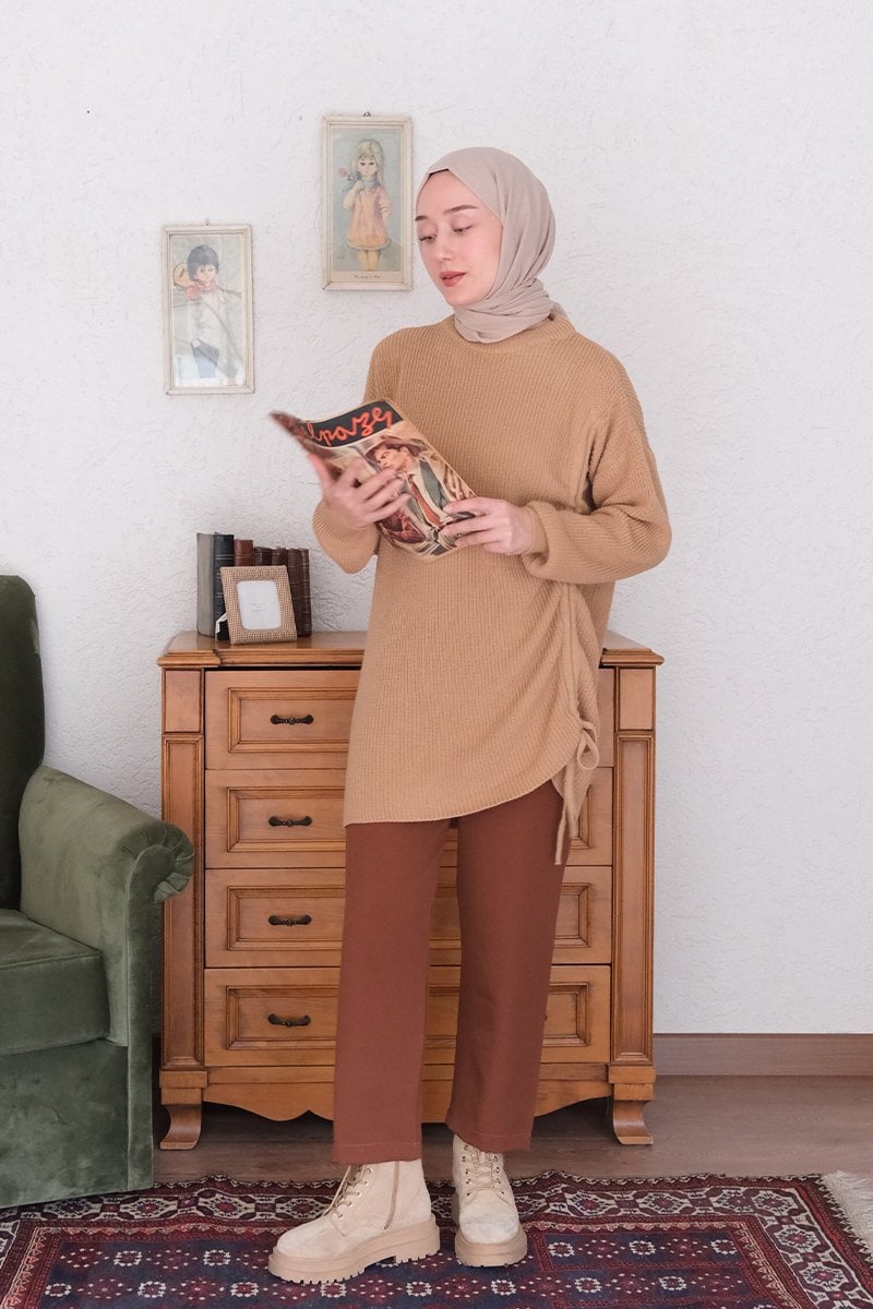 Sütlü Kahve Bağcıklı Triko Tunik