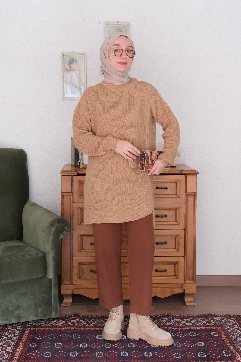Sütlü Kahve Bağcıklı Triko Tunik
