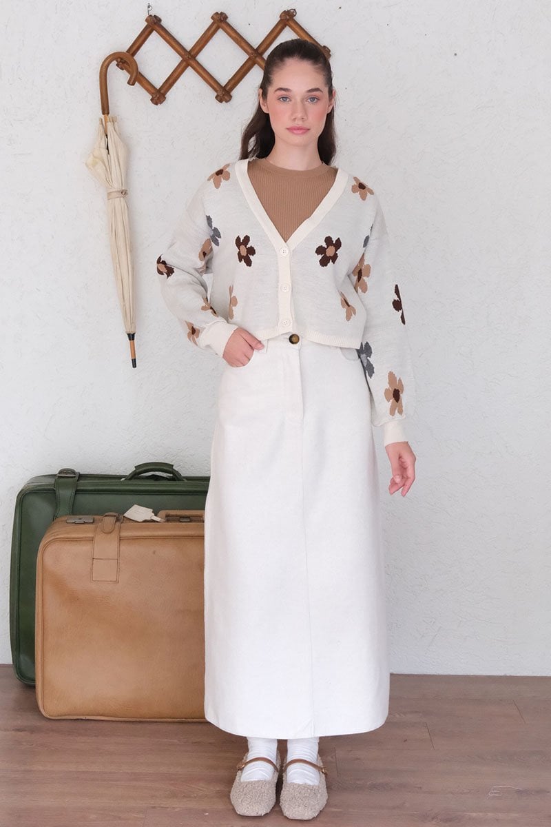 Krem Papatya Desen Triko Crop Hırka