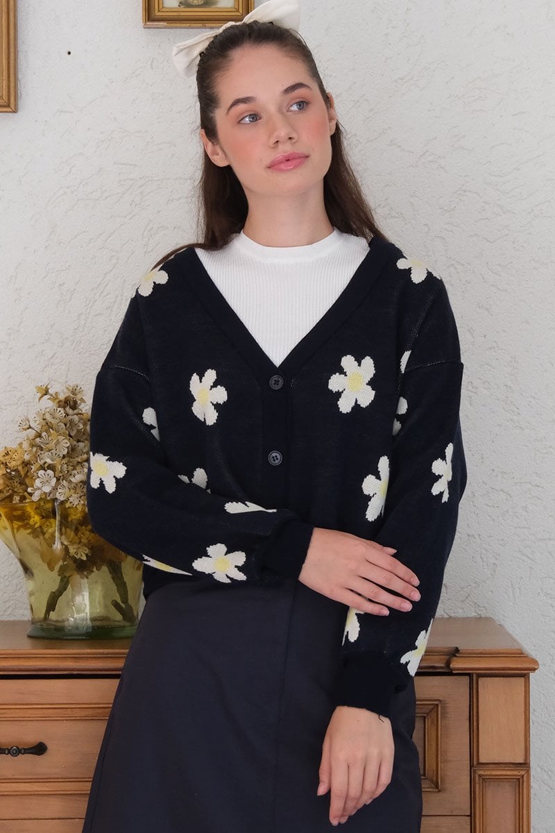Lacivert Papatya Desen Triko Crop Hırka
