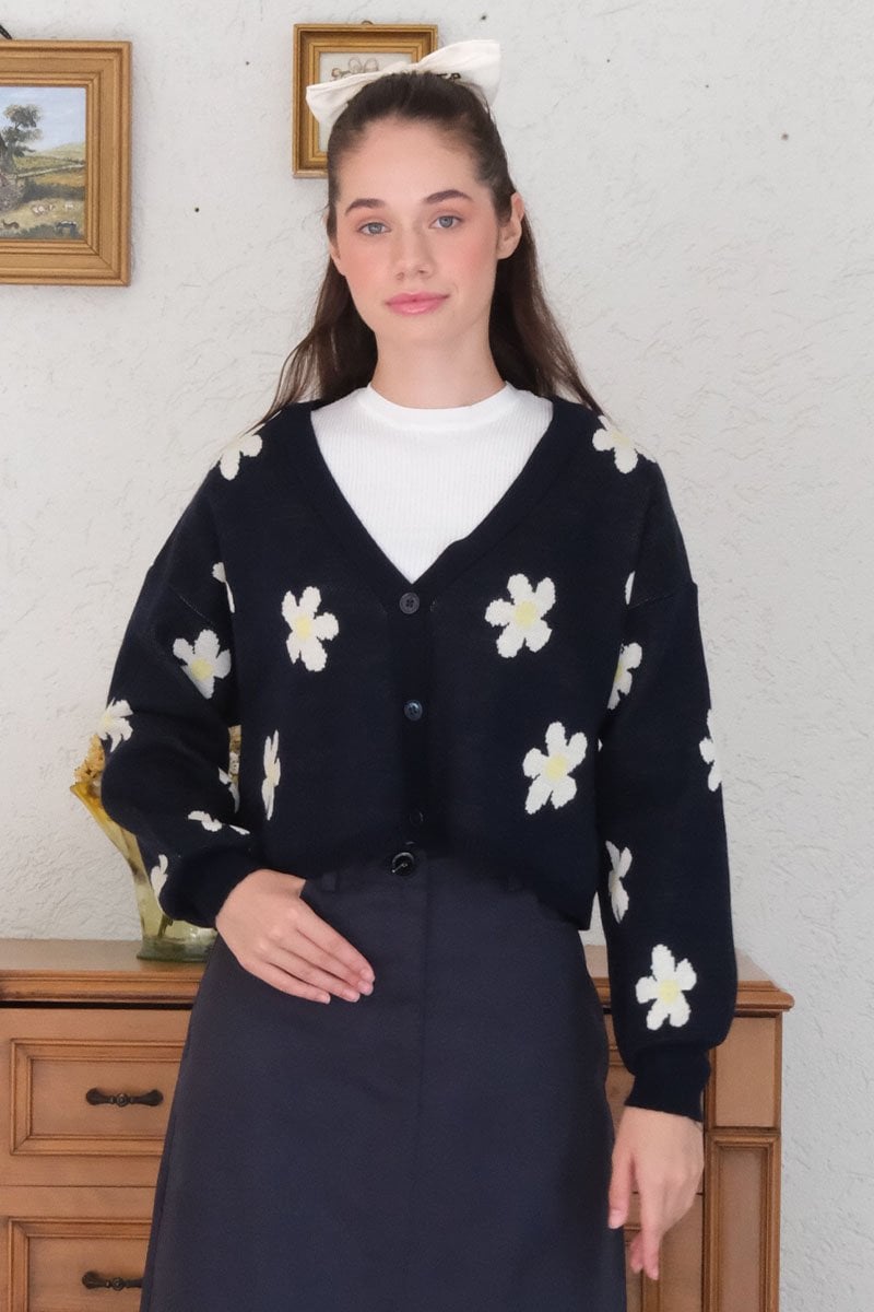 Lacivert Papatya Desen Triko Crop Hırka