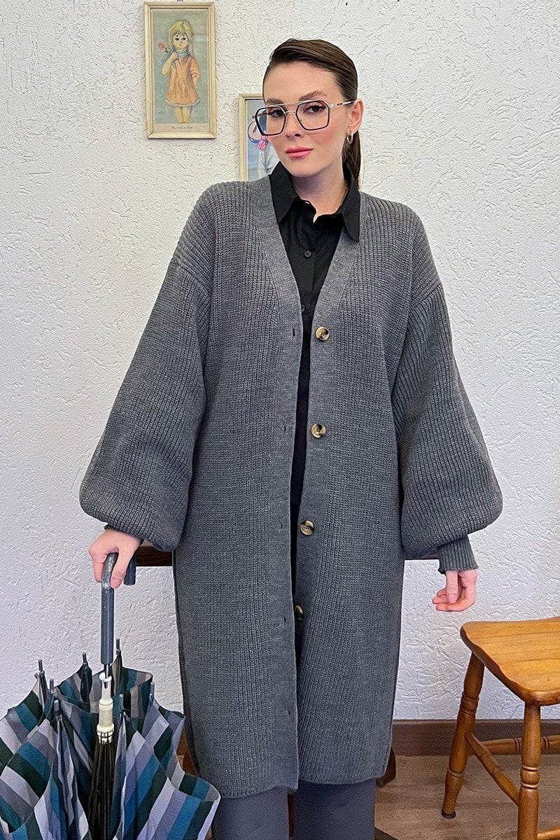 Antrasit Uzun Balon Kol Triko Hırka