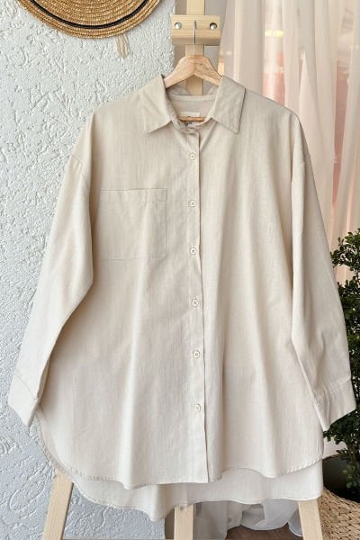 Krem Organik Keten Cepli Kısa Gömlek
