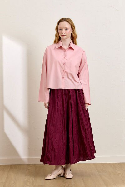 Soft Pembe Tek Cepli Crop Gömlek & Bordo Kraşlı Balon Etek