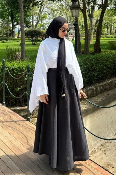 Siyah Organik Keten Etek Formlu Pantolon