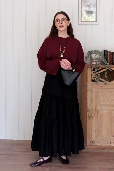 Bordo Body & Siyah Çapraz Kat Etek Takım