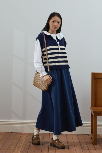 İndigo Çizgi Detaylı Süveter & İndigo Scuba Etek Takım