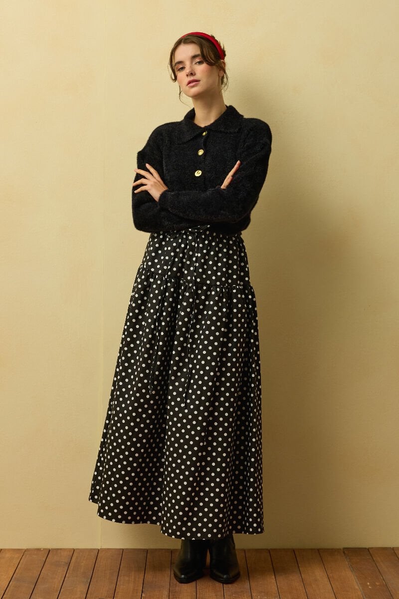 Siyah Puantiyeli Fırfır Detay Keten Etek