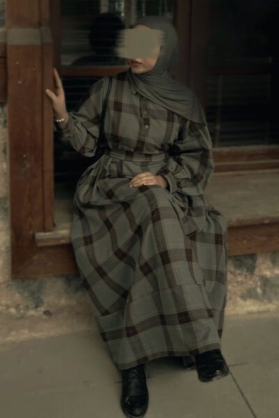 Antrasit Ekoseli Vintage Elbise / zarifmehlika