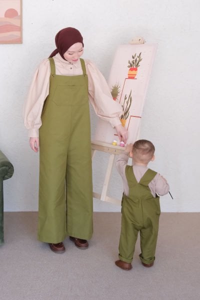 Anne - Çocuk Yağ Yeşili Duck Keten Tulum