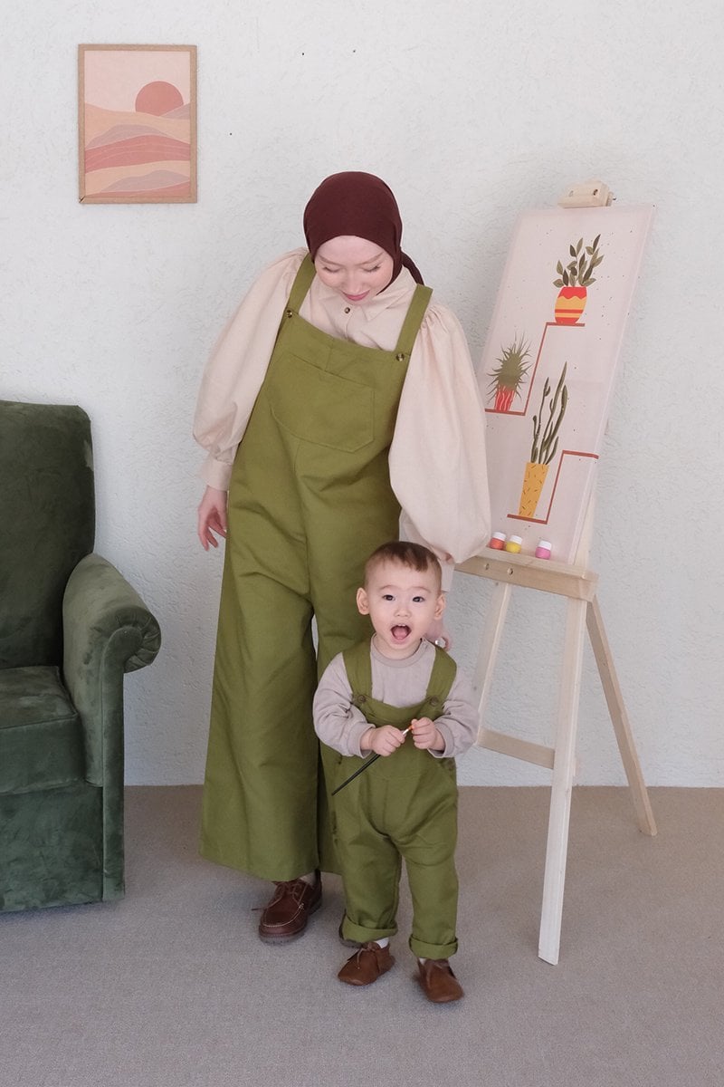 Anne - Çocuk Yağ Yeşili Duck Keten Tulum