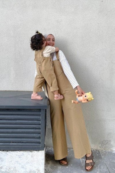 Anne - Çocuk Sütlü Kahve Duck Keten Salopet Tulum