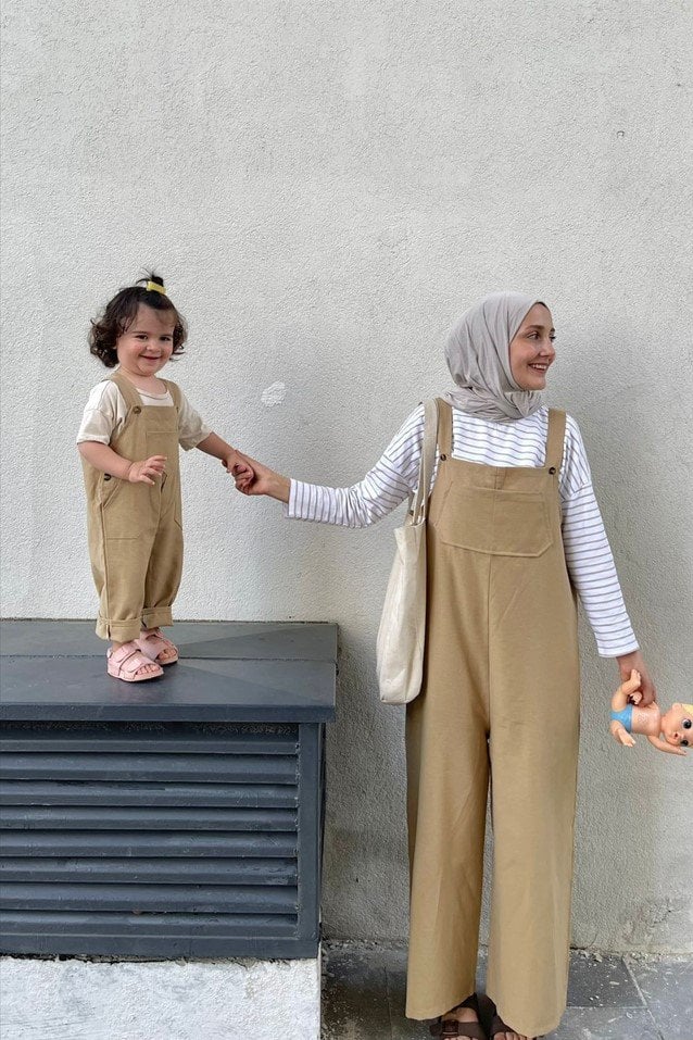 Anne - Çocuk Sütlü Kahve Duck Keten Salopet Tulum