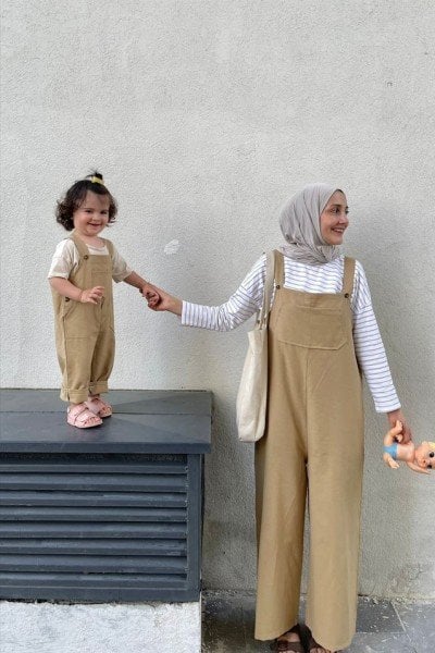 Anne - Çocuk Sütlü Kahve Duck Keten Salopet Tulum