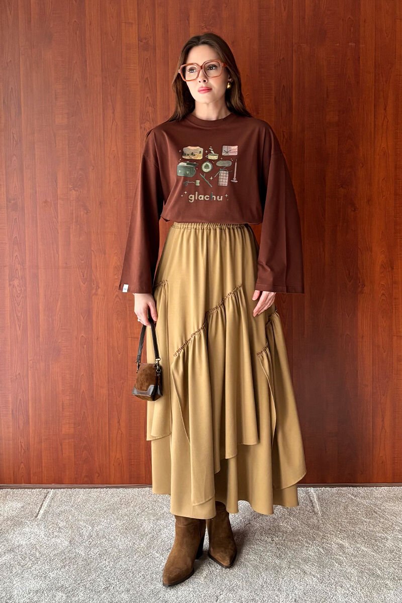 Acı Kahve Glochu Baskılı Basic Body & Karamel Poliviskon Bohem Kat Etek Takım