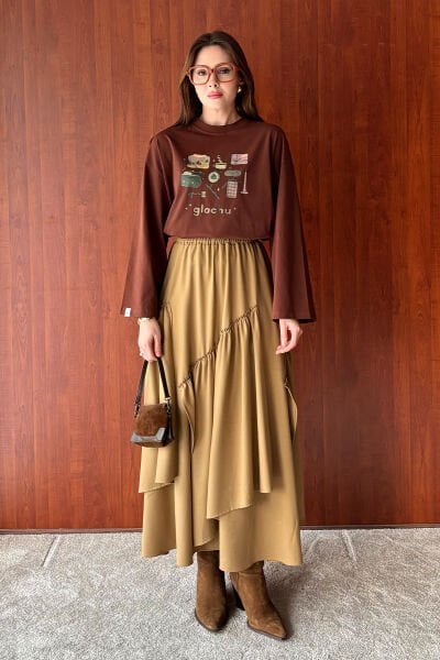 Acı Kahve Glochu Baskılı Basic Body & Karamel Poliviskon Bohem Kat Etek Takım