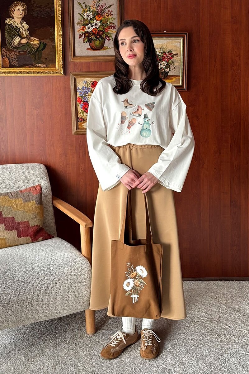 Acı Kahve Papatya Baskılı Keten Çanta