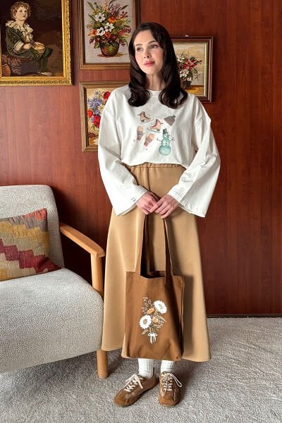 Acı Kahve Papatya Baskılı Keten Çanta