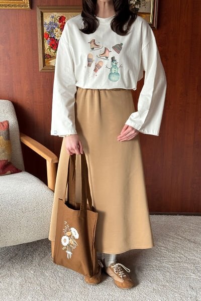 Acı Kahve Papatya Baskılı Keten Çanta