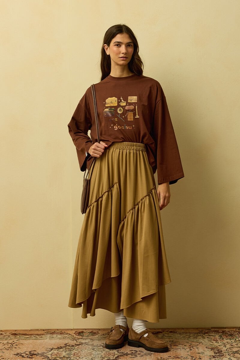 Acı Kahve Glochu Baskılı Basic Body & Karamel Poliviskon Bohem Kat Etek Takım