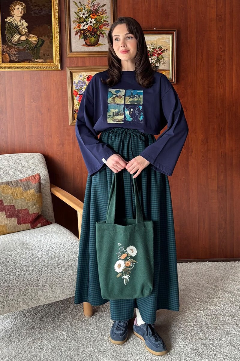 Haki Papatya Baskılı Kaşe Çanta