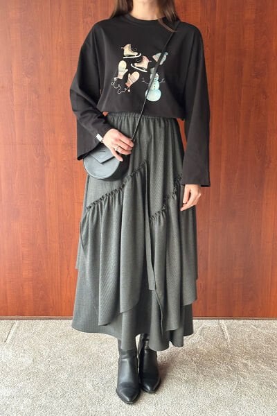 Siyah Winter Baskılı Basic Body & Antrasit Poliviskon Bohem Kat Etek Takım