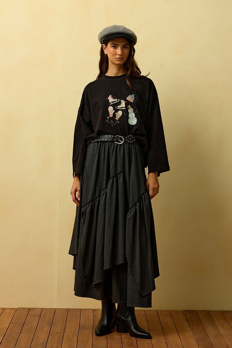 Siyah Winter Baskılı Basic Body & Antrasit Çizgili Poliviskon Bohem Kat Etek Takım