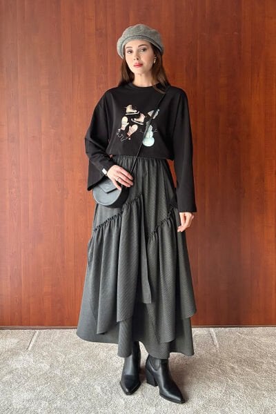 Siyah Winter Baskılı Basic Body & Antrasit Koton Bohem Kat Etek Takım