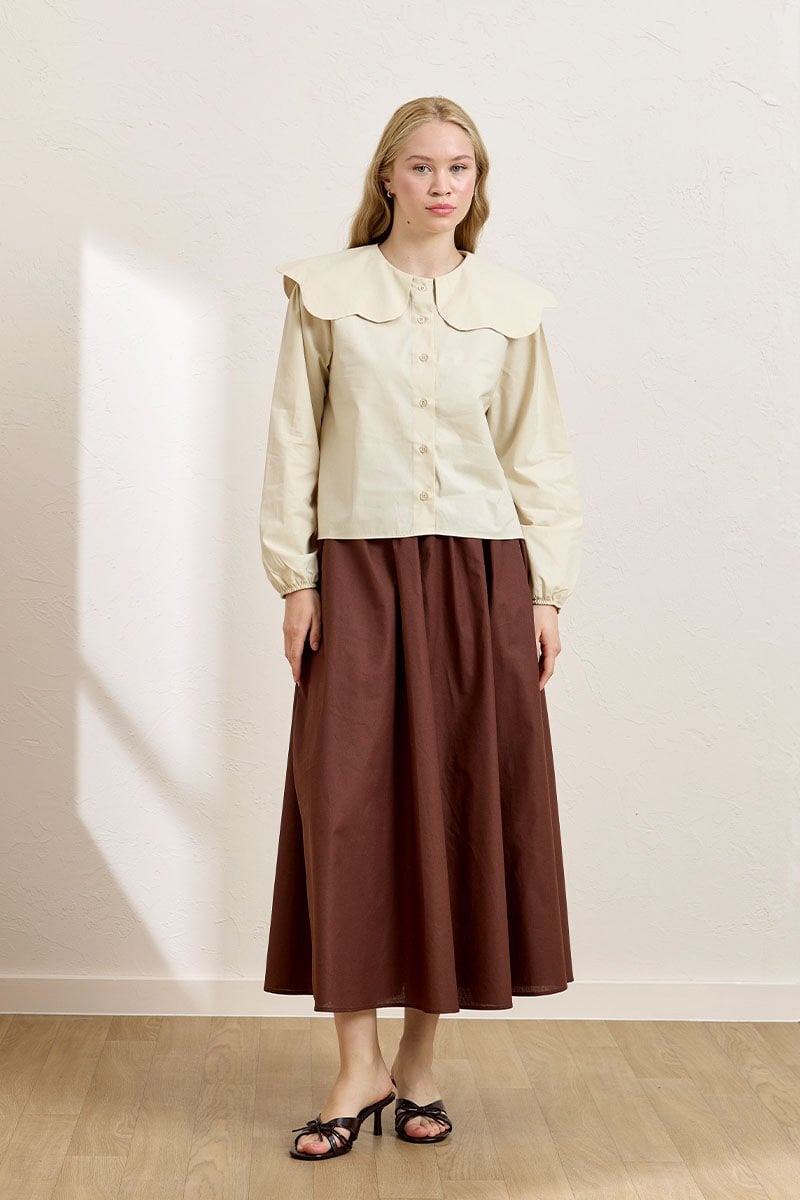 Krem Papatya Yaka Crop Gömlek & Acı Kahve Balon Etek