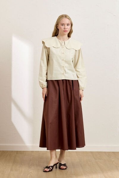 Krem Papatya Yaka Crop Gömlek & Acı Kahve Balon Etek